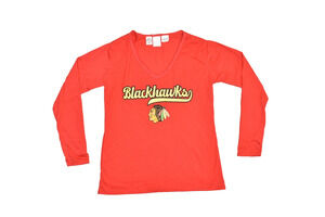 NEW Chicago Blackhawks Women's V-Neck Long Sleeve Red NHL Tee Size L Concepts